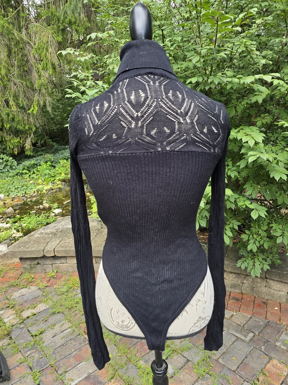 Free People Black Pretty In Pointelle Ribbed Lace-Yoke Turtleneck Bodysuit